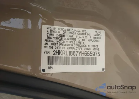 2000 Honda Odyssey Ex из США, поврежденный, VIN 2HKRL1867YH555975